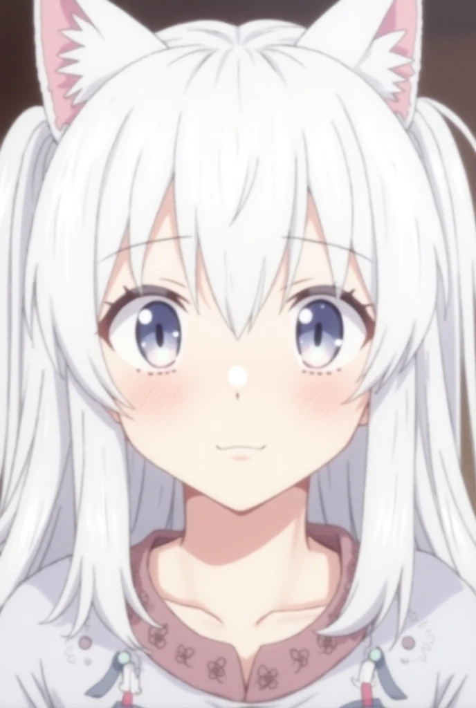 High Details, High Quality, Accurate, White Hair, Long Hair, Bangs, Hair Between Eyes, Twintails, Animal Ears, Cat Ears, White Eyes, Light Blush,Wide Shot, Blurry, Depth Of Field, Emphasis Lines, Backlighting, Anime, Anime Style, Closed Mouth, 