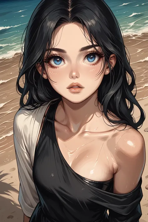 score_9, score_8_above ,1 , alone, (( long straight black hair ))),  blue eyes, white pele,  black swimsuit one exposed shoulder...