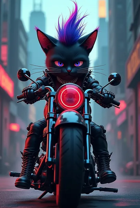 A black cat with a punk hairdo riding a big motorcycle
