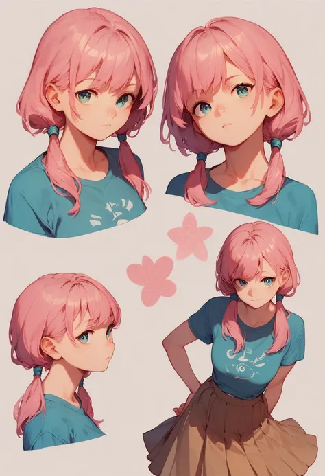 character sheet. girl with pink hair. Two low ponytails and bangs .  Blue t-shirt and brown skirt. several poses