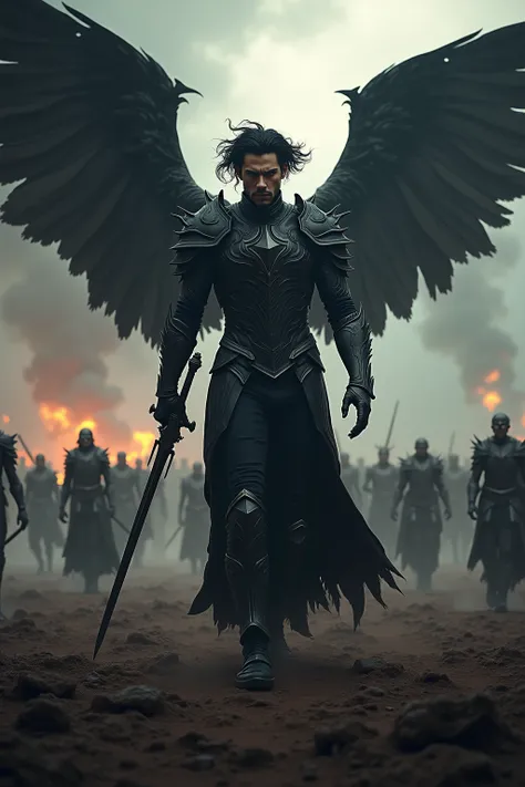 Imagine Lucifer, a man with black hair, holding a black sword, dressed in black armor, at his side his demon disciples, on a holy war battlefield, ultra detailed, 8k, cinematic