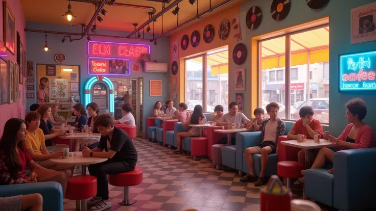 A scene of a vintage coffee shop with 80s decoration, pastel colors, and nostalgic details.