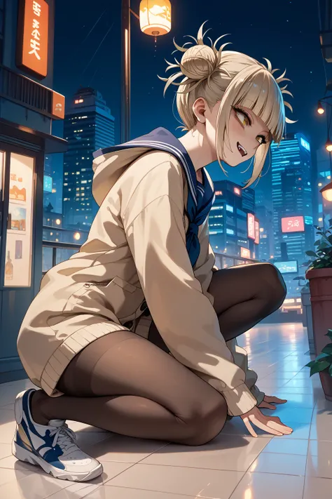 whole body　run　 Toga Himiko　From the side　 skyscraper in front of the floor　night