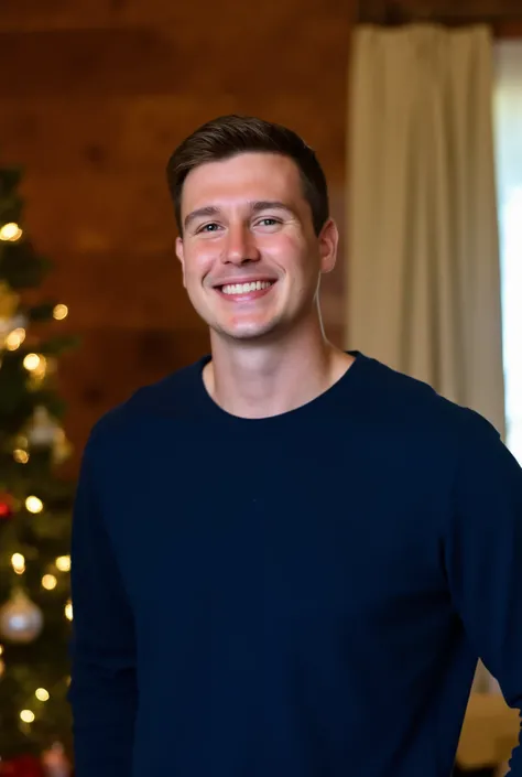  In Photo-Imaging of professional photorealistic images, ( Christmas cabin interior background), (wearing a navy sweatshirt, circular neck) A cute 25-year-old man with short hair smiling, cheerful atmosphere , pose model
