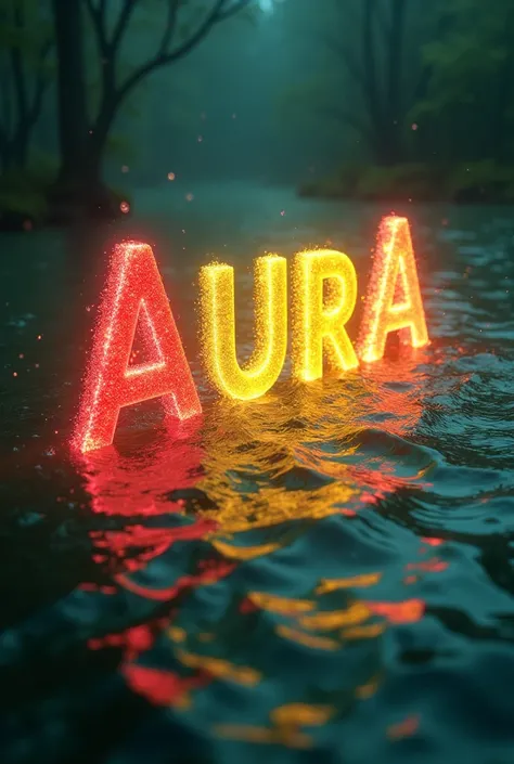 Aura letters Aura in red yellow green in water drops 