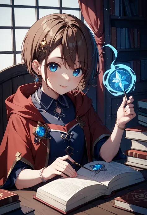 score_9, score_8_up, score_7_up、Brown Hair、 shortcut、Blue Eyes、Magic School、Black and red robes、Have a spellbook、 cute girl、hairpin