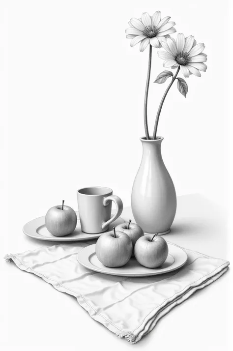 You are required to draw and shade the following still-life arrangement placed before you. The arrangement consists of:. A ceramic mug placed diagonally.
 A plate with three apples.
 A folded tablecloth with visible creases. A flower vase with a single flo...