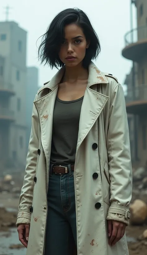 best quality. tall woman (24 years old). Hispanic features Black short hair, grey eyes. damaged long white coat (post apocalyptic style)