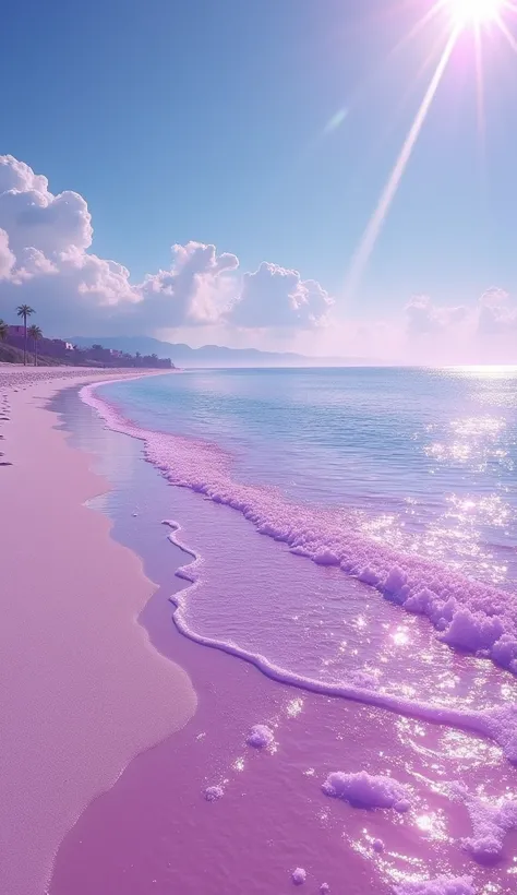 Une image d’une plage avec le sable violet et de l’eau rose