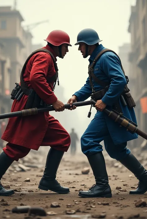 Two army soldiers red one and blue fighting each other