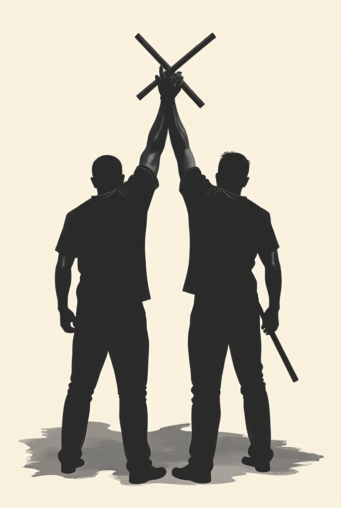 Popular revolution logo with two men standing with their backs to the pictures and raising their hands and their hands crossed at the elbow in the shape of the letter X and one of their hands holding wooden sticks 