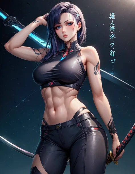 Fraction_9, Fraction_8_up, Fraction_7_up, a Futuristic female warrior holding a katana, (Delicate skin), pale, (in a deep neckline highly detailed sexy Futuristic cyberpunk black crop top and underpants made of circuit boards, Japanese words with glitter e...