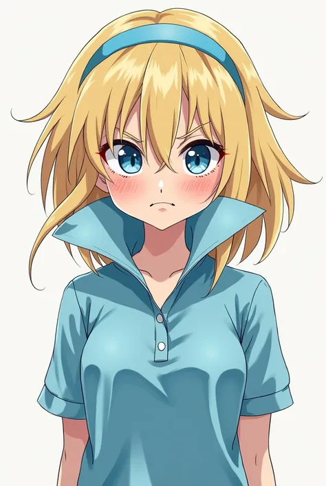 Angry Cute Blonde Anime Maria Robtink with blue eyes wearing a blue headband and wearing a Massive Blue Popped Collar Polo with her collar fully popped up