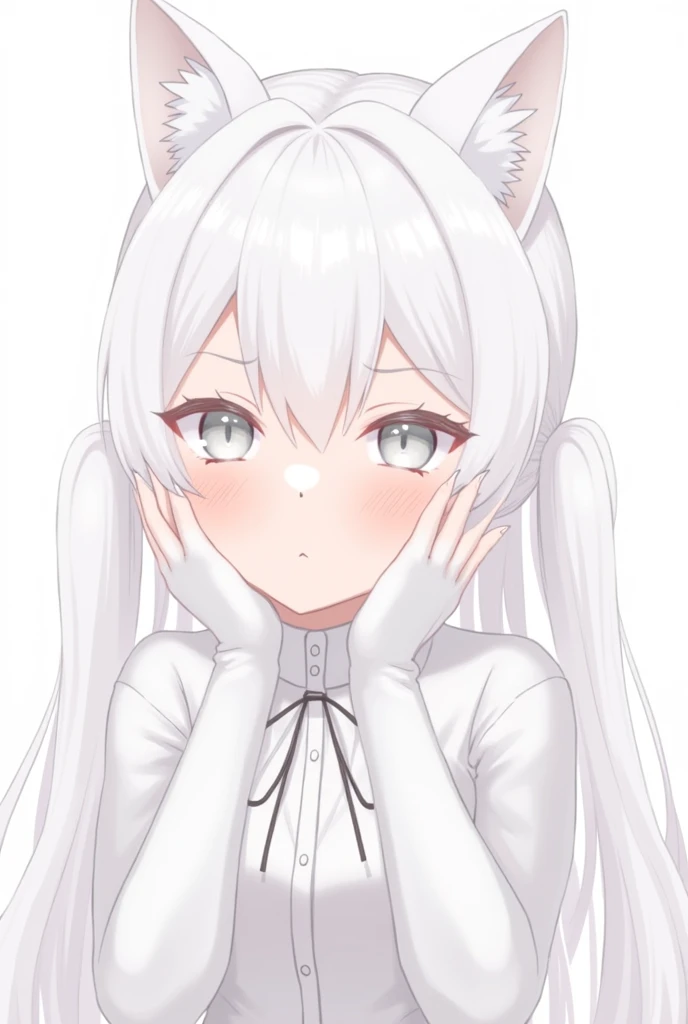 High Details, High Quality, Accurate, White Hair, Long Hair, Bangs, Hair Between Eyes, Twintails, Animal Ears, Cat Ears, White Eyes, Light Blush,Wide Shot, Anime, Anime Style, Closed Mouth, Simple background, Ray Tracing, 1girl, Solo, Mismatched Pupils, Ey...