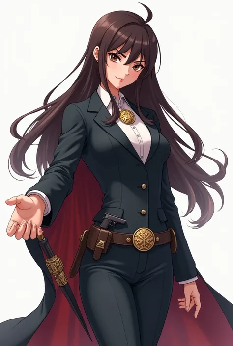 create a 2d anime A superheroine in a dynamic pose. She has a determined and confident expression, strong facial features and long, straight hair. She wears a suit with a prominent pendant on the chest, possibly the emblem of a witchcraft symbol, a belt wi...