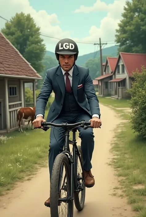 suited guy wearing helmet which has lged written on it riding bicycle in village road