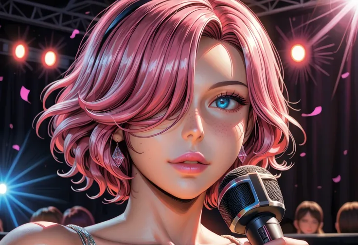 score_9,score_8_up,score_7_up, 1girl, Beautiful, Mature, Elf Woman: 1.3, (On Stage, Standing, Dancing, Holding Microphone, Singing into Microphone, Surrounded by fans and a band behind them, Strobing lights above: 1.4), (Long Pink Hair Over One Eye: 1.3), ...