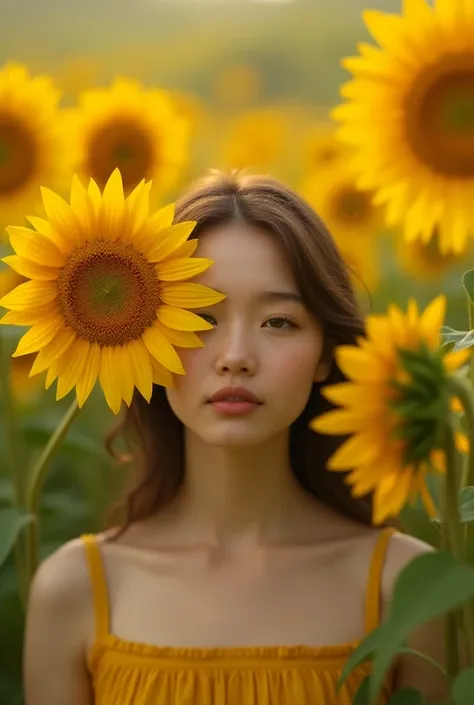 Woman with sunflowers covering her eyes