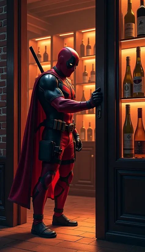  Deadpool is opening a heavy door at the back of a sophisticated and realistic wine bar ,  illuminated by dim, warm lights reflecting off shelves full of wine bottles .  Deadpool is imposing , wearing his signature costume,  now reinforced with dark armor ...