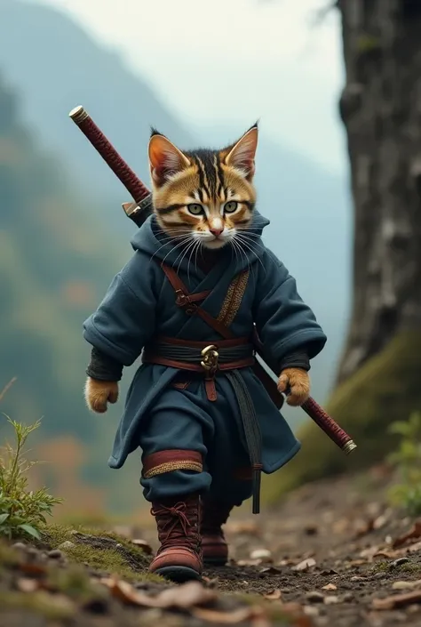 A two-legged kitten cat beastman、Multiple kitten beast soldiers dressed as ninjas、A scene of multiple kitten cat beastmen walking、Scenery in the mountains、Close-up images、(There are four kittens around)、(Crisp, realistic images)、、Equipped with a short Japa...