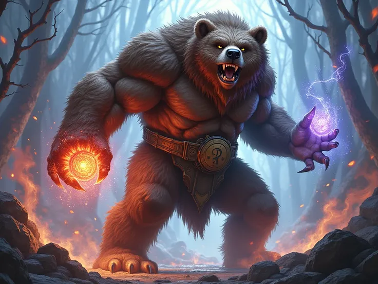 Anthropomorphic humanoid bear, any action，fire，Fantasy，Wizards of the Coast LLC