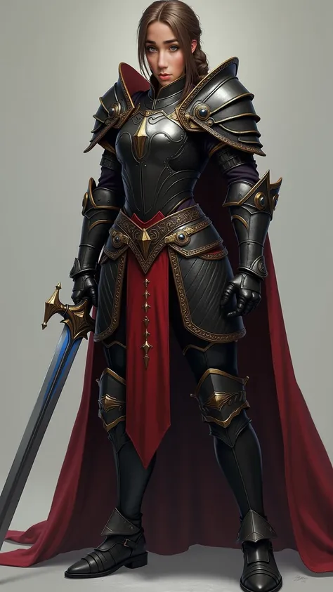  Create a warrior with heavy armor in black colors and red details, full body , She has hair with a braid, a gold and blue battle sword