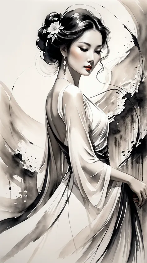 Elegant maiden，ink painting，Loose brushstrokes，Pen outlines delicate lines，flowing action，Subtle ink tones，elegant posture，A peaceful expression，Delicate facial features，black and white，clean