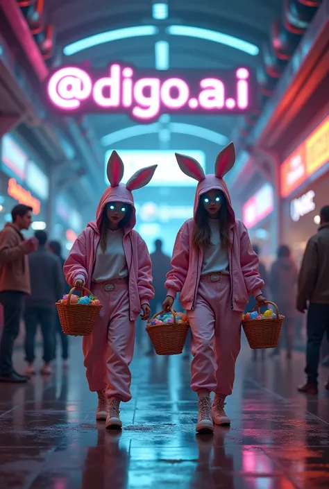 A cinematic ground-level shot photo of a bustling, neon-lit space station mall in a cyberpunk setting. In the center, two female cyborgs dressed in kaiju rabbit cosplay hold baskets filled with Easter eggs. They are on the hunt for glowing multicolored egg...