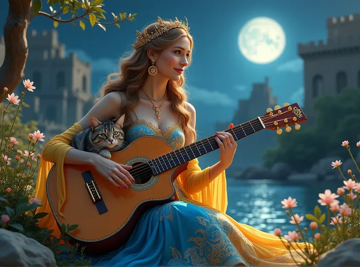 "A beautiful woman in a vibrant dress of blue, yellow, and orange, adorned with intricate and stunning decorations, sits gracefully in the garden behind an ancient stone castle. She plays an acoustic guitar with golden carvings, her wistful expression refl...