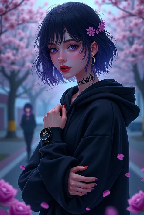 a beautiful young woman, dark blue eyes and red lipstick, she was wearing a black hoodie sweater, she was standing on a city street at dusk with cherry blossoms blooming. She has a tattoo of a black rose on her neck, and her wrist displays the name ai arci...