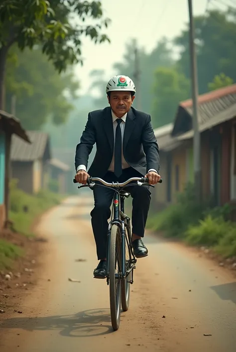 suited guy wearing helmet riding bicycle in village road. the helmet has bangladesh government logo