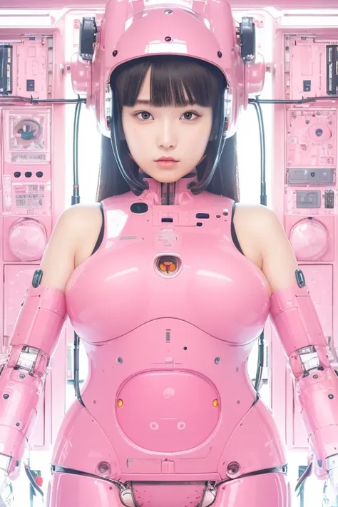 masterpiece, best quality, extremely detailed,portrait,upper body,front view,Japaese android girl,Plump, control panels,android,Droid,Mechanical Hand, Robot arms and legs,Blunt bangs,long tube,thick cable connected her neck,