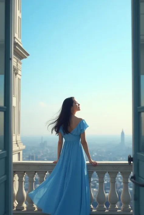 A young woman on the balcony of a building looking up at the sky wearing a blue dress smiling