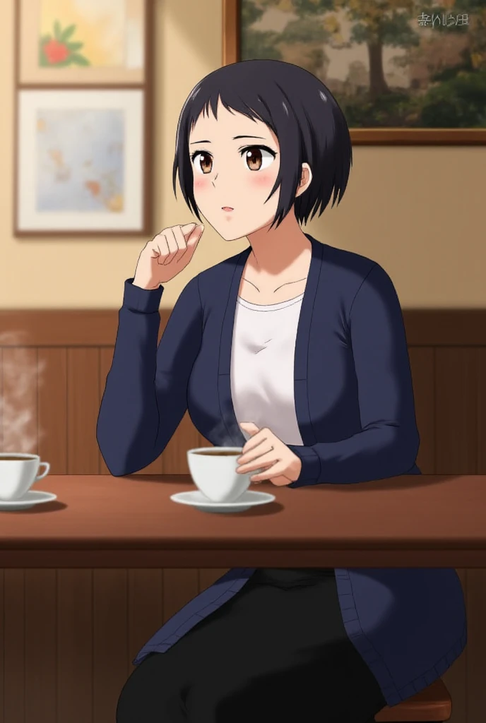 Married Woman、 Japanese、Cute、Quiet personality、 short hair、Dark Hair、Navy blue cardigan、 white t-shirt、 black long skirt 、Around town、 cafe where were having a business meeting、