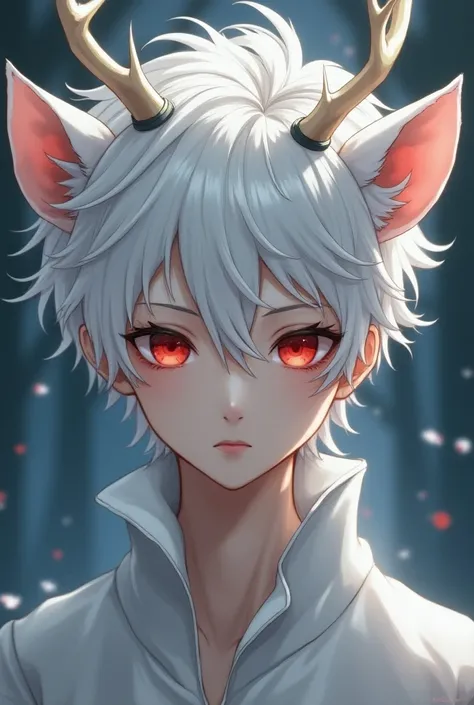 Anime beutifull male albino with deer horns and deer ears with red eyes