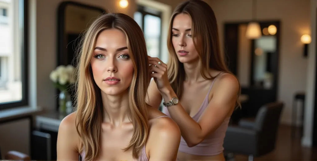 a cozy hair salon scene where a woman with long, chestnut brown hair streaked with blonde highlights sits in a stylist's chair. ...