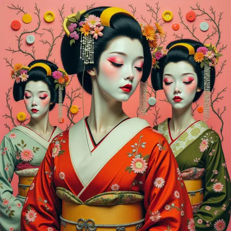 collage painting, many robot geishas, wires, buttons, circuits, vines, twigs, nature, science, dramatic, sexy, romanticism, cyberpunk, neo-classical, experimentalism, baroque, impressionism, expressionism, unexplained beauty, avant garde, art deco, art nou...