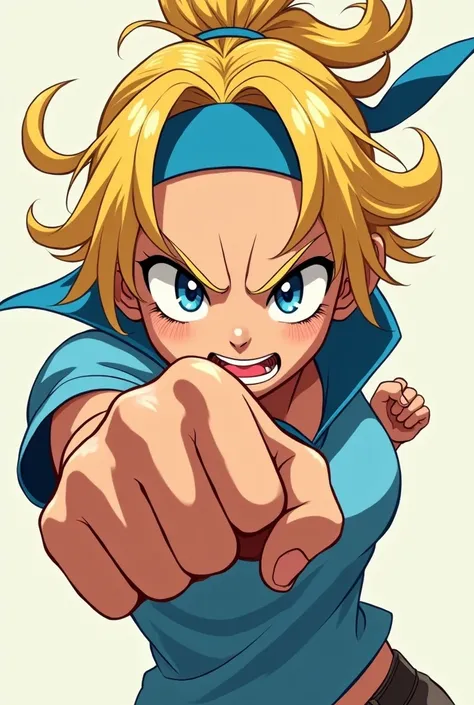 Angry Cute Blonde Anime Maria Robtink with blue eyes wearing a blue headband and wearing a Massive Blue Popped Collar Polo with her collar fully popped up taller than her head. Shes punching you