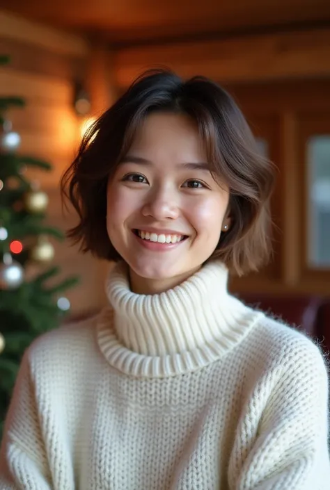  In Photo-Imaging of professional photorealistic images, ( Christmas cabin interior background), (wearing a white sweater, circular neck) A cute 25-year-old European woman with short hair smiling, cheerful atmosphere 