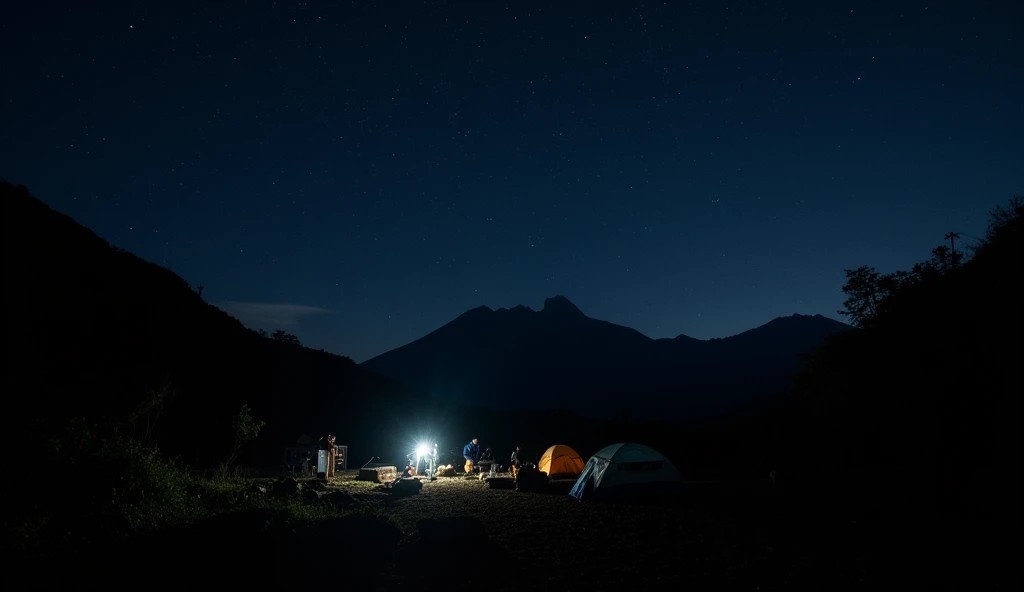 Real photo,  sabana camping ground in dark black night, at Kalimati in semeru mount east Java Indonesia.real photo.