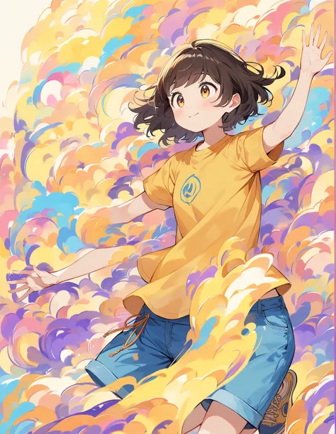 Girl with short dark hair, brown-colored,  with a slight wave .  She has a curious and energetic expression .  She wears a brightly colored t-shirt  (yellow) and denim shorts.  Her sneakers are sporty and comfortable ,  perfect for running and playing . He...