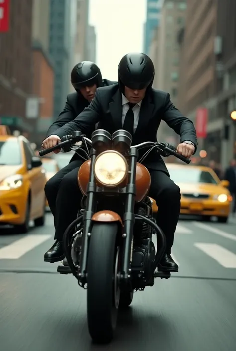 Men in suits and helmets fleeing on a motorcycle on the streets of New York 