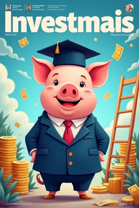 A magazine cover called :  InvestMais with the central theme of financial education for university students.  I would like graphic elements such as : um porco com chapeu de formatura 🎓 representando a poupança, money , a ladder to the future . Something ve...