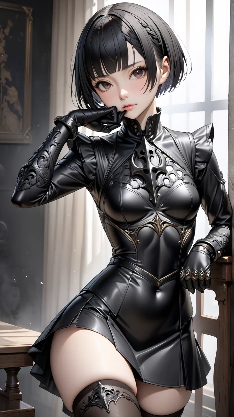 solo。１ female students。 realistic drawing。high image quality。 high quality 。 digital painting。


 black hair、( pixie cut)。

 sle...