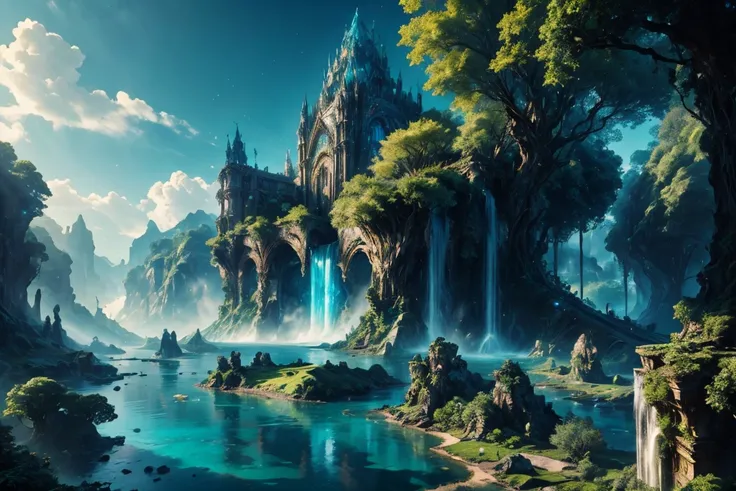 8K resolution, surreal, Super detailed, high quality, fantastical city, towering archways and bridges, cascading waterfalls, ancient ruins, lush greenery, winding river, blue skies with fluffy clouds, detailed stone structures, scenic landscapes, mix of na...