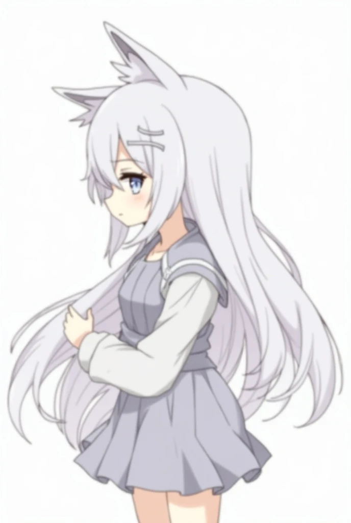 1girl, Solo, High Details, High Quality, Accurate, Long Hair, Silver Hair, , Cat Ears, Crescent Earrings, White Eyes, Simple background, From Side, Feet Out Of Frame, Hair Ornament, Eye Reflection, Anime Style, Anime, Close-Up, Lonely, 