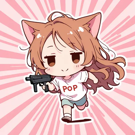 pop art,comical touch,flat,pastel color,cinematic angle,chibi,full-body,1girl,solo,16yo,cute,kawaii,parky,holding a submachine guns,running,enjoy,happy,smile,very fun,brown hair,long hair,messy hair,cat ears,brown eyes,half opened eyes,jitome,solid oval ey...