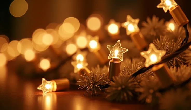 Close-up shot of glowing Christmas lights, warm white color, shallow depth of field, bokeh background, cinematic grade, high detail, photorealistic