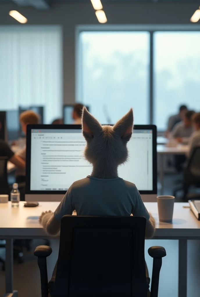 Prompt:
A wide-angle shot captures the scene from behind the first graduate cat, a young humanoid feline with soft gray fur, sitting at his desk in a sleek, modern office. Dressed casually in a T-shirt and jeans, he leans slightly forward, typing on his ke...