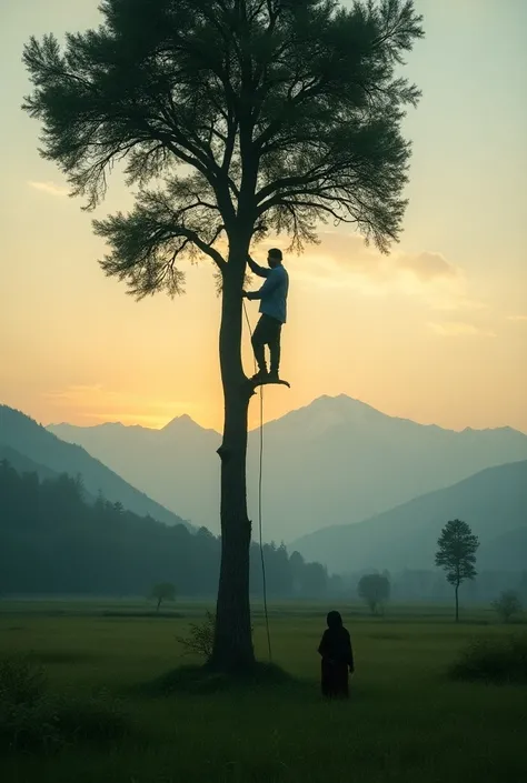 Depict a serene Kashmiri landscape at dusk, with a man working on a tall tree, stacking grass and preparing for the night. The tree is surrounded by lush green meadows, with distant snow-capped mountains. The sky is transitioning to twilight, and the man i...